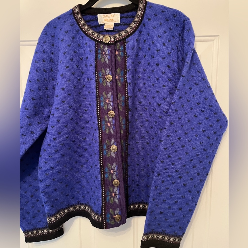 Tally-Ho Vtg. Cardigan Blue and Black Sweater Nordic/Alpine Style Wool Sz L /XL